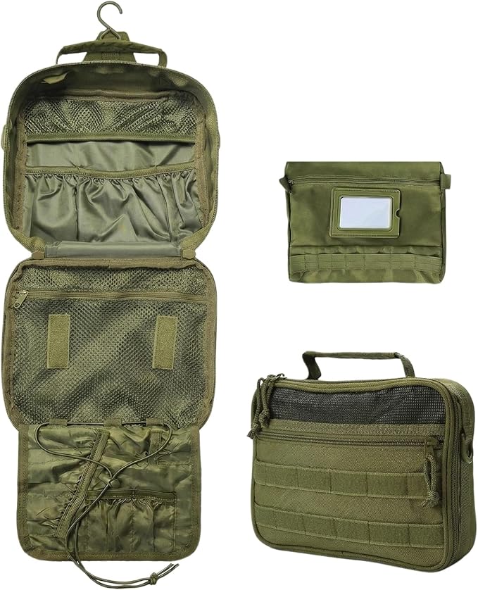 VELVEBAG ﻿Tactical Toiletry Bag for Men, Mens Toiletry Travel Bag, Hanging Dopp Kit Waterproof TravelShaving Hygiene Bag, Bathroom Multi-pocket Organizer, for Short Trips, Camping & Gym, Green
