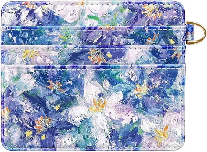 Slim Minimalist Front Pocket RFID Blocking Credit Card Holder Small Wallet Cute Card Cases for Women,Blue Flowers