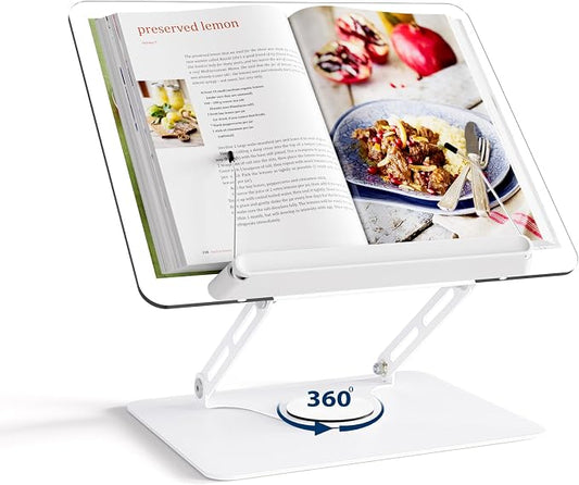 HAUTOCO Adjustable Acrylic Book Stand for Reading, 360° Rotating Base, Foldable Desktop Book Holder with Elastic Page Clips, Hands-Free Cookbook Stand for Laptop, Tablet, Recipe, Textbook, Music Score