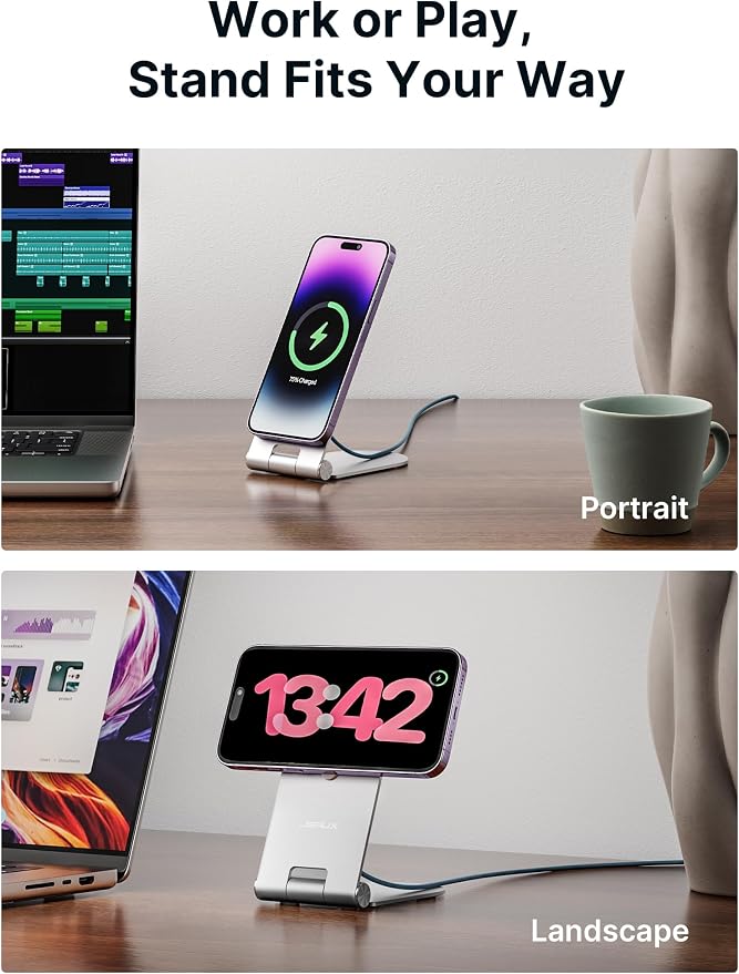JSAUX Magnetic Wireless Charger Compatible with MagSafe Charger iPhone 16/15/14/13/12 Series, Wireless Mag Safe Charging Pad (Blue) with 20W PD Adapter and Desktop Stand