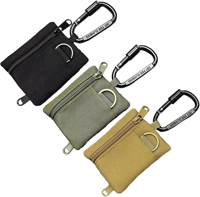 3 Pack Tactical EDC Keychain Pouch, Mini Wallet with Upgraded D-Ring - Military Mini Molle Utility Organizer for Outdoor, Hiking, Camping, Belt Gear, Zipper Pocket Bag