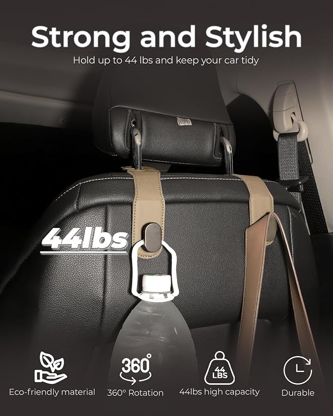 4 Pcs Car Headrest Hooks, Heavy-Duty PU Leather & Stainless Steel Car Seat Organizer for Purses & Bags, Supports Up to 44 lbs