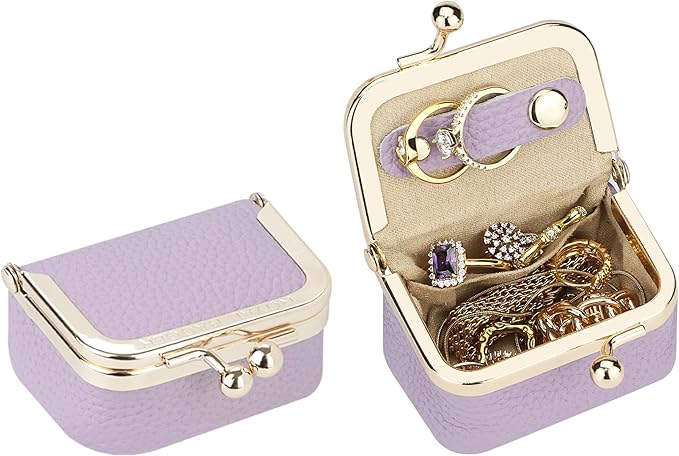 Royal Bagger Genuine Cow Leather Mini Jewelry Box Women's Coin Purse Solid Color Kiss Lock Change Pouch Casual Style Small Storage Bag for Women 1894 (Light Purple)