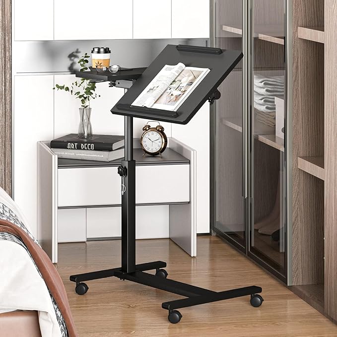 Panta Height Adjustable Rolling Laptop Stand, Overbed Table with 2 Tilting Desktops, Mobile Laptop Table for Couch with Cup Holder, Mobile Computer Workstation for Office, Home and Hospital