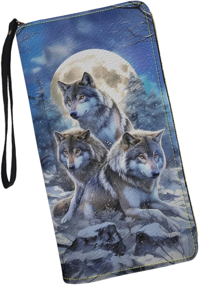 Bulopur Wolf Moon Wallet for Women Personalized Gifts for Mom PU Leather Credit Card Holder Money Long Wallet with Wristlet Large Capacity Zip-Around Phone Purse for Ladies Girly
