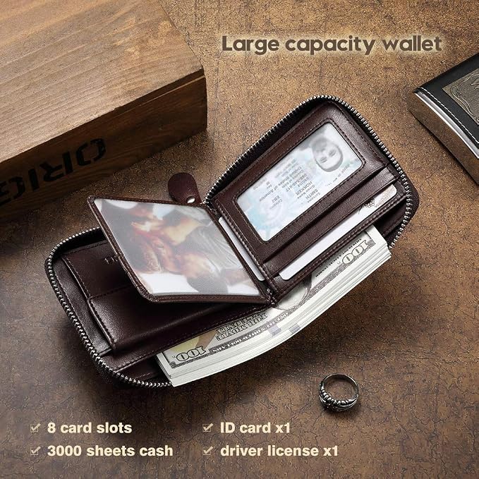 Mens Genuine Leather Zipper Wallet RFID Secure Large Capacity Double Fold Multi-card Leather Wallets for Men and coin purse
