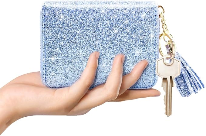 Coco Rossi Women's Small Credit Card Wallet ID Card Case for Girls RFID Glitter Cute Accordion Card Holder -Blue