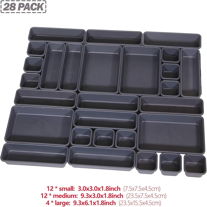 Set of 28 Interlocking Desk Drawer Organizer Tray Dividers Plastic Shallow Narrow Drawers Organizers Separators Storage Bins Container for Kitchen Bathroom Makeup Office Vanity Bedroom Dresser