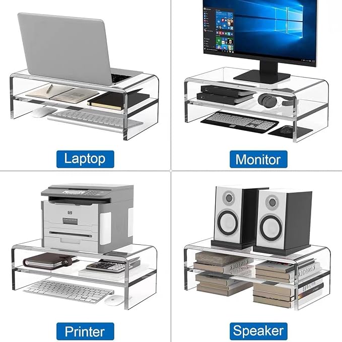 Clear Acrylic 2-Tier Monitor Stand & Desk Organizer - 16"x9.4"x5.5 H Home Office Riser with Keyboard Storage, Fits PC, Laptop, iMac, Printer, TV & Multi-Media Devices (Transparent grey)