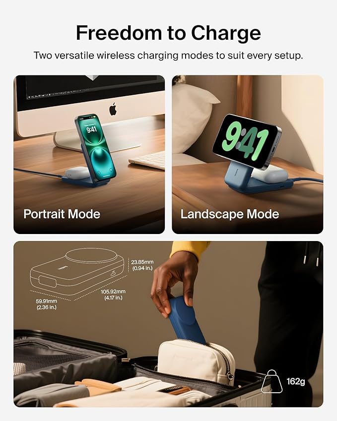 Belkin MagSafe Charger, Compatible 2-in-1 Charging Station, Qi2.2 25W Magnetic Wireless Charger iPhone, Foldable Stand, with 5W USB-C Port, for iPhone 17/16/15, Pixel 10, AirPods, 45W Adapter Included