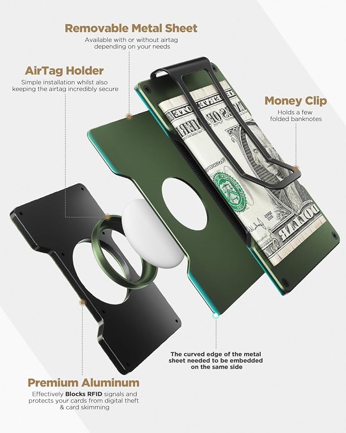 VULKIT Men's Metal Wallet with Money Clip, Slim Credit Card Holder with Airtag Holder, Minimalist Front Pocket Wallet for Men(Green)