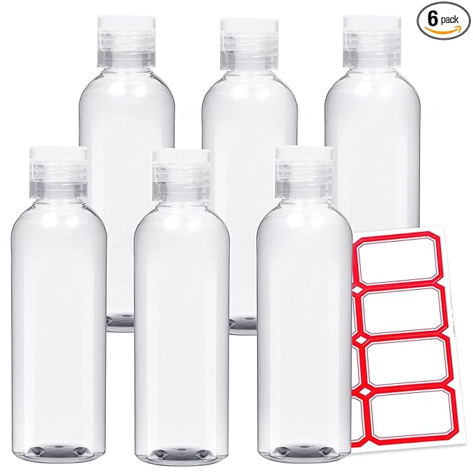 6 Pack Travel Bottles - Travel Containers for Toiletries - TSA Approved Size - Refillable Empty Plastic Bottles with 2 Labels & Carry Bag - For Shampoo, Lotion, Conditioner, Sanitizer - 3.4oz