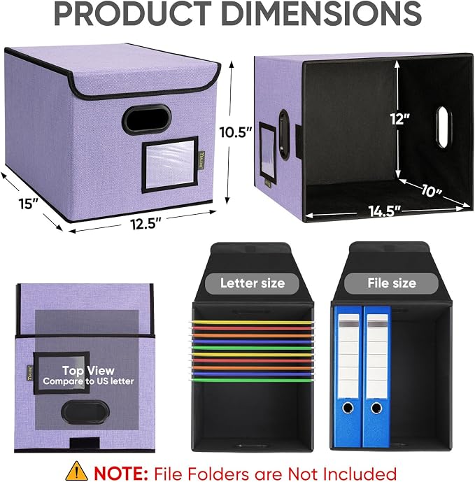 BALEINE File Organizer Box with Lid, Collapsible File Folder Organizer with Plastic Slide, Hanging File Folder Box for Office Document Storage (2 Pack, Purple)