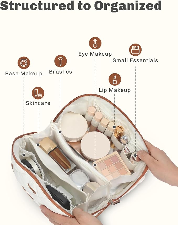 Hynes Eagle Travel Makeup Bag for Women Puffy Cosmetic Organizer Pouch Open Flat Toiletry Bag for Toiletries Brushes Structured Base White