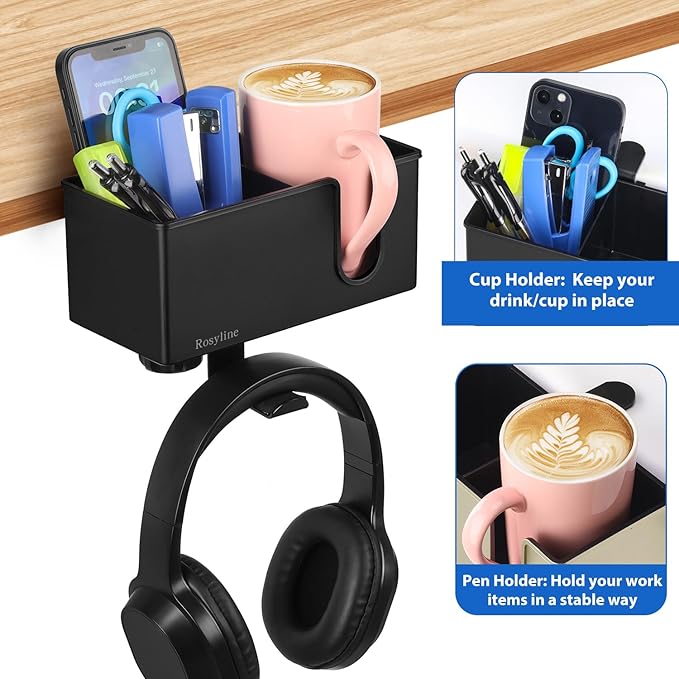 Rosyline 3-in-1 Desk Cup Holder & Clip-on Cup Holder, Clip on Desk Organizer – with Anti-Spill Function, Keeps Your Coffee, Headset, Phone & Pens Within Easy Reach, for Office Desk (Black)