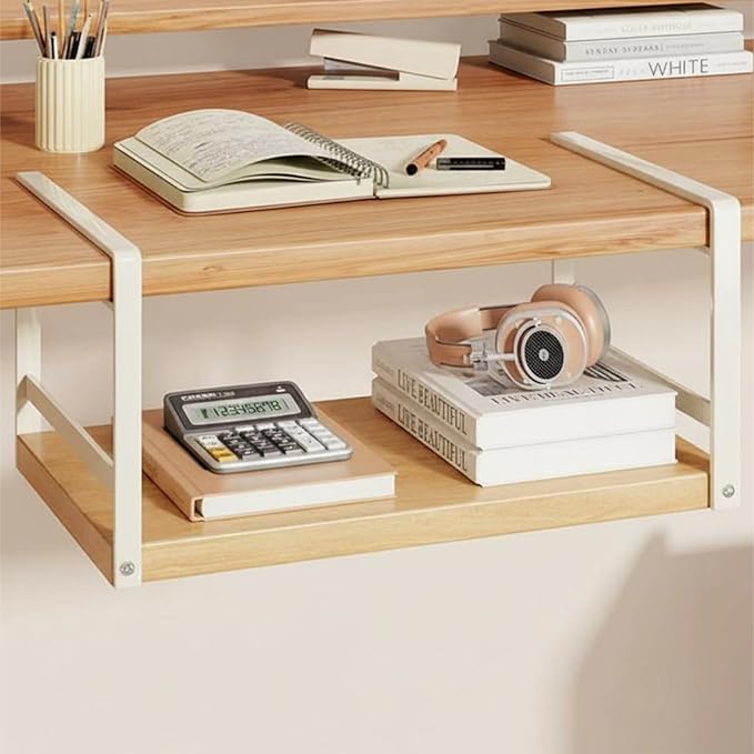 predolo Under Desk Organizer Easy-Mount Hanging Bookshelf No Drill Under Desk Shelf Rounded Corners Hanging Storage Rack for Dorm Room, Home Office, White, Raw Wood Board