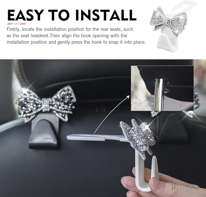 2 PCS Bling Bow Car Headrest Hook, Diamond Sparkling Invisible Seat Headrest Hooks, Vehicle Storage Organizer with Butterfly Bow Vent Clip for Purses, Bags, Groceries (White)