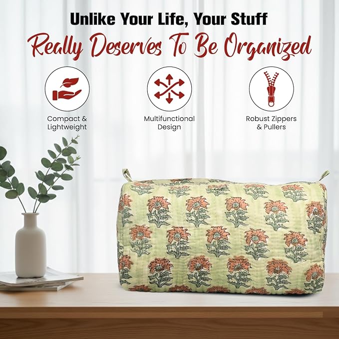 Cotton Hand Block Floral Print Toiletry Bag For Women Make Up Cosmetic Bag Jewelry Organizer Kit Storage Bag Case Travel Accessories Essential Toiletries Purse Open Pouch (Light Green, Set of 1)