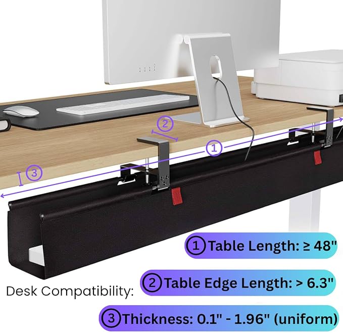 Under Desk Cable Management Tray, 48" Extra Large No Drill Cord Organizer with Easy to Clean Oxford Fabric, Clamp On Power Stripe Holder for Office, Home Office & Gaming Space