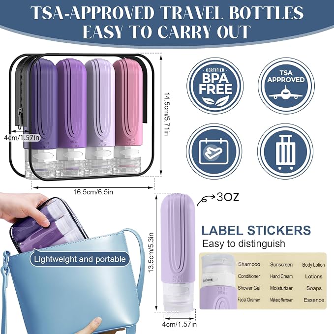 Travel Bottles for Toiletries, 3oz TSA Approved Travel Size Toiletries, Silicone Leak-Proof Refillable Containers, Squeezable Liquid Essentials Bottles W/Clear Bag (PURPLE)