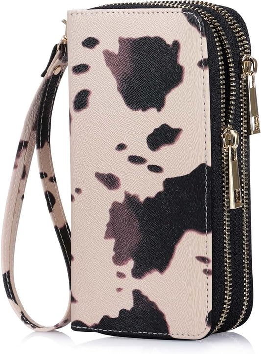 Cellphone Wallet for Women Dual Zipper Long Purse with Removable Wristlet