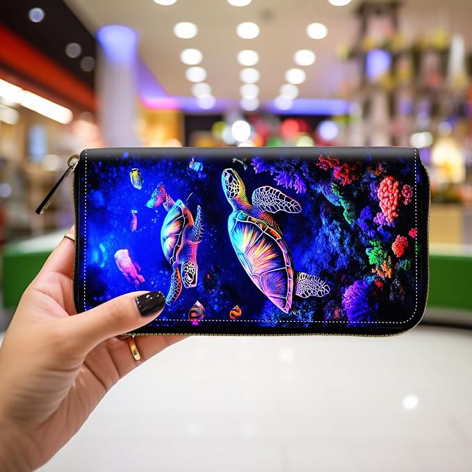 Wallet,Leather Long Wallet Suitable For Ladies And Teenagers - Detachable Wristband + RFID Travel Wallet With Card Slot - Neon Sea Turtles
