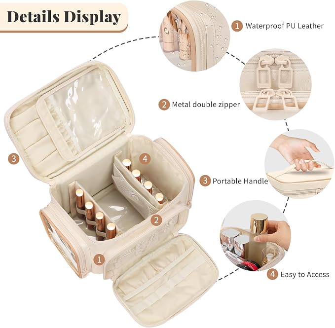 Bagmoly Large Makeup Bag, Portable Travel Makeup Bag Organizer for Women Girls with Makeup Brush Compartment & Two Side Pockets, Cosmetic Travel Bag Vertical Storage Toiletry - White