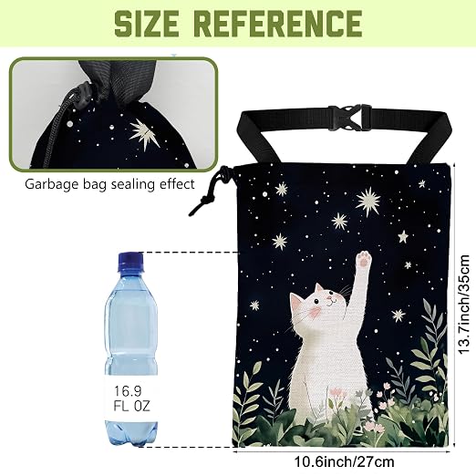 White Cat Starry Night Car Trash Bag Botanical Cat Leak-Proof Waterproof Car Garbage Bag with Drawstring Foldable Canvas Trash Bin with Adjustable Buckle for Car Accessories, Travelling, Camping