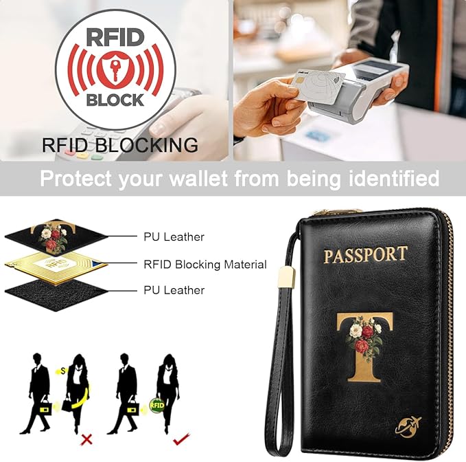 Passport Holder Cover Wallet with Zipper Personalized Initial Letter T Rose Flower RFID Blocking Travel Wallets Credit Cards Holder for Women, Gift for Wife and Girlfriend,T