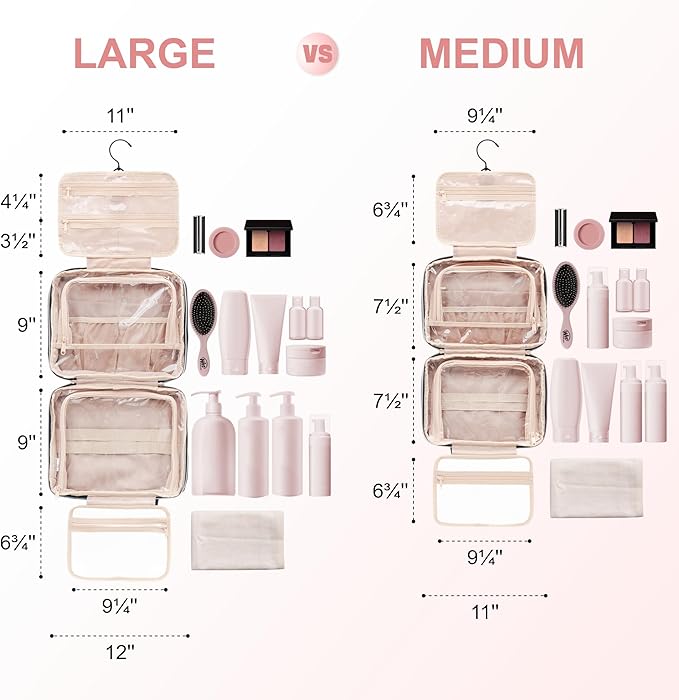 Everfun Hanging Toiletry Bag for Travel, Mothers Day Gift for Mom, 11x7.75x4.5 inch Medium Capacity Cosmetic Organizer with Leakproof Wet/Dry Compartment, Waterproof Dopp Kit for Women Pink
