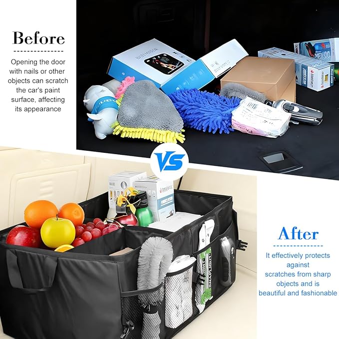 Car Trunk Organizer, Collapsible Multi-Compartment Large Capacity Vehicle Storage Container, Foldable Adjustable Automotive Interior Organization Box, Universal Fit (Black)