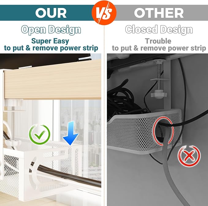Cable Management Under Desk, 25.3'' No Drill Desk Cable Management Tray with Clamp, Metal Cord Organizer for Standing Desk, Computer Wire Management for Home Office & Gaming Setup, White