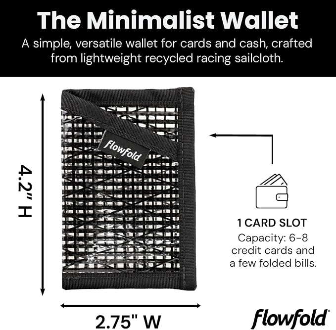 Flowfold Recycled Sailcloth Minimalist Card Holder Wallet | Slim and Durable with Cash pocket and Credit Card Slot | Minimalist Wallet Made in USA Holds 6-8 Cards