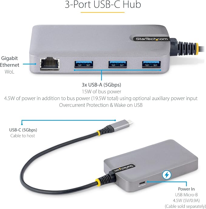 StarTech 3-Port USB-C Hub, Gigabit Ethernet, 5Gbps, 3X USB-A, 1ft, Windows