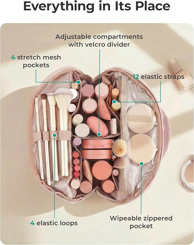BAGSMART Travel Makeup Bag for Women, Portable Fold-down Cosmetic Case, Puffy Padded Make Up Organizer Pouch, Water-resistant Toiletry Bag for Toiletries, Brushes (Brown)