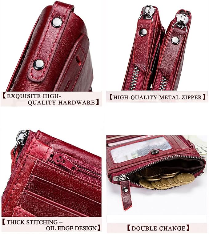 CONTACTS Soft Leather Wallet for Women Small Bifold Coin Purse Double Zipper Card Holder with RFID Blocking (Red)
