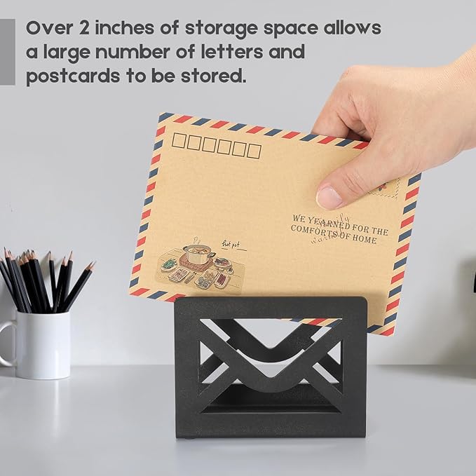 Desktop Metal Mail Holder,Modern Black Letter Organizer for Desk with Cutout Envelope Design,Home and Office Envelope and Document Storage Rack (Black)