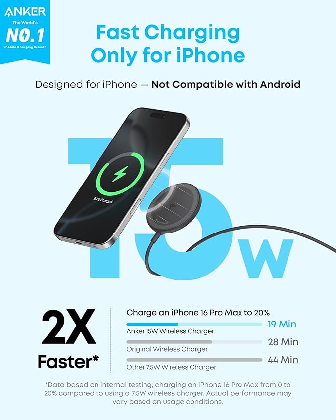 Anker Zolo Magnetic Wireless Charger, Qi2 Certified 15W MagSafe-Compatible Wireless Charging Pad, for iPhone 17/16/15/14/13/12 Series, AirPods, and More (Not for Pixel, Adapter Not Included)