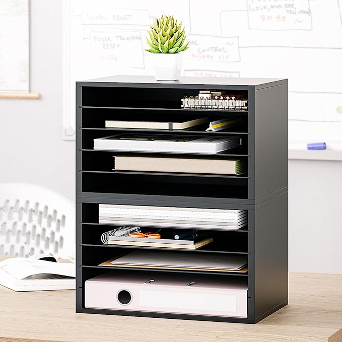 Ballucci 5 Tier Paper Organizer Letter Tray, Wood Desk File Organizer with Adjustable Shelves, Home Office School Letter/A4 Mail Sorter Magazine Holder - Black