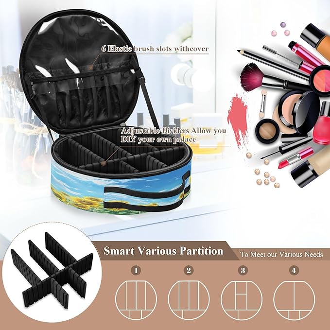 senya Round Cosmetic Pouch Travel Makeup Train Case Sunflower Makeup Organizer Bag with Adjustable Dividers Portable for Cosmetics Makeup Brushes Toiletry Jewelry Accessories