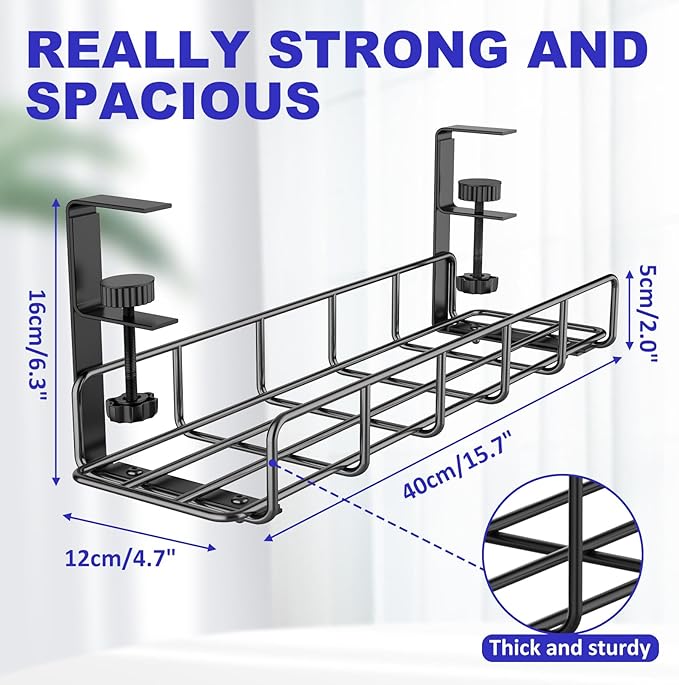 Under Desk Cable Management Tray, 31.5'' No Drill Heavy Duty Steel Cable Tray Organizers, Wire Management Tray Cable Rack with Clamp Mount, Adjustable Metal Under Desk Tray (Black, 2 Pack)