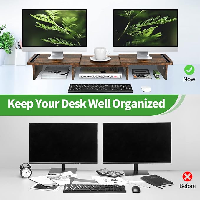 Dual Monitor Stand Riser with Storage, Adjustable Length & Angle Wooden Desk Shelf for 2 Monitors, Computer Stand for Home Office, PC, Laptop, Printer
