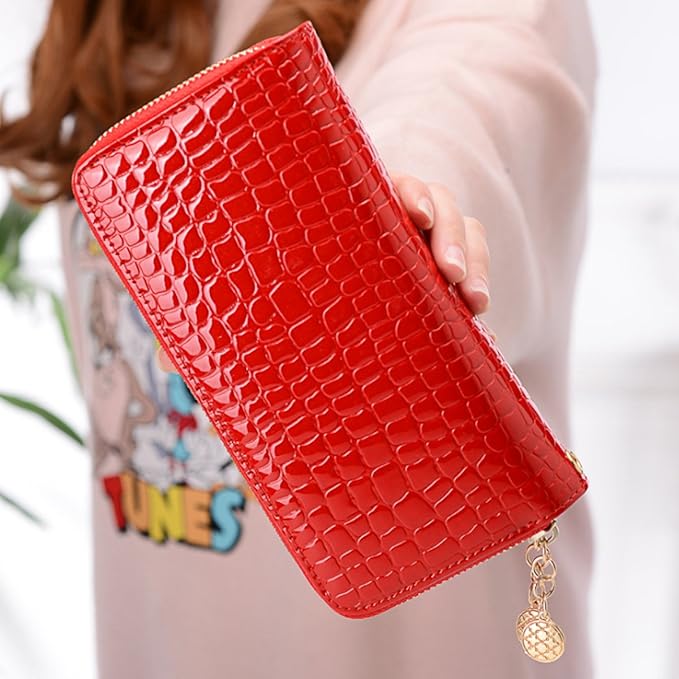 Women Patent leather Handbag Wallet Money Coin Purse Card ID Organizer Double Zip Around Red
