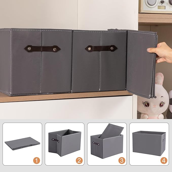 1 Pack Large Collapsible Storage Baskets for Shelves,14.9"x9.5" Fabric Closet storage Boxes with Leather Handles,Decorative Organizers Storage Bins for Clothes,Sheets,Toys,Books,(Gray)