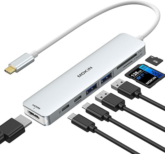 MOKiN 7 in 1 USB C Dongle with HDMI, microSD/SD Card Reader, Data Port, 100W PD, 2 USB 3.0 for MacBook Pro/Air, Dell XPS, Lenovo Thinkpad