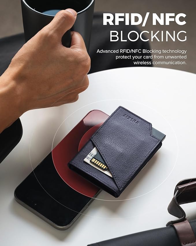 VULKIT Pop up Card Wallet Genuine Leather RFID Blocking Slim Aluminum Metal Bank Card Holder Case with Business Money Pocket for Credit Cards Notes and Coins Black
