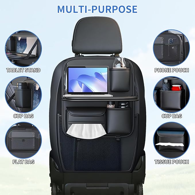 Car Seat Back Organizer with Foldable Tray, Car Seat Back Protector, Premium Leather Kick Mats, Multiple Storage Pockets, Travel Accessories for SUV Truck (Short)