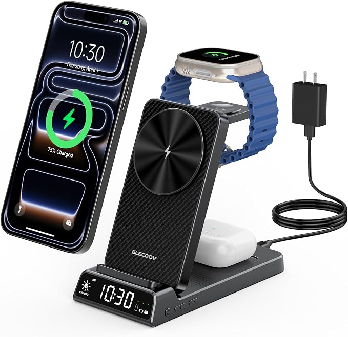 3 in 1 Charging Station for Apple, ELECDOV Magnetic Charger for iPhone, Foldable Wireless Charger with Clock, Travel Watch Charger Stand for iPhone 17/Air/16/15 Series, iWatch 10/AirPods 4
