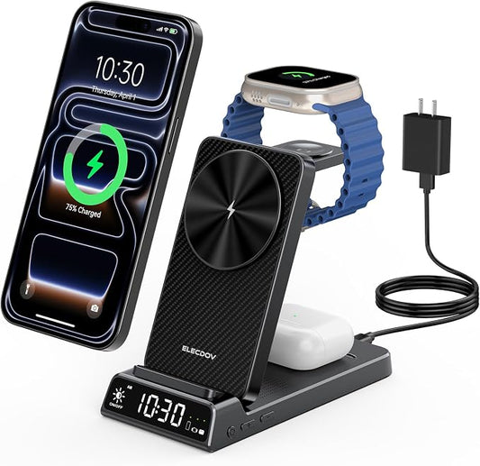 3 in 1 Charging Station for Apple, ELECDOV Magnetic Charger for iPhone, Foldable Wireless Charger with Clock, Travel Watch Charger Stand for iPhone 17/Air/16/15 Series, iWatch 10/AirPods 4