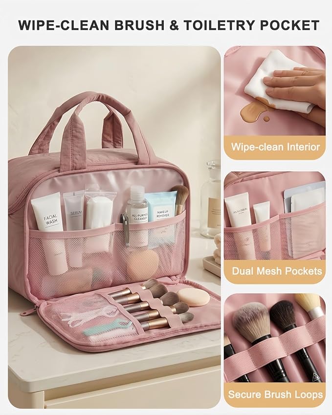 Lightweight Structured Travel Toiletry Bag for Women - Wide-Open Puffer Mini Duffel with Removable Divider, Waterproof Lining, Water-Resistant Exterior, Fits Full-Size Bottles & Shower Essentials